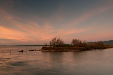 view of the lagoon of Orbetello, Argentario in the sunset with stunning color with typical plants at the entrance of a canal