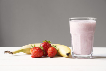 homemade strawberry and banana smoothie or milk shake                              