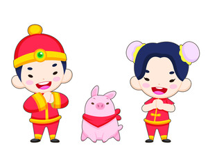 Cute style Chinese boy and girl in traditional costume with a pig illustration 