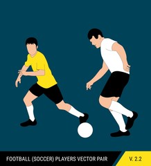 Two football opponents from different teams are fighting for the ball. Soccer players, the defender and attacker fight for the ball. Colorful vector illustration.