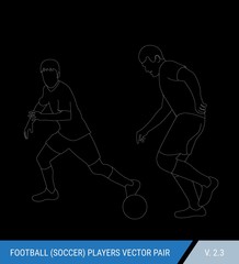 Two football opponents from different teams are fighting for the ball. Soccer players, the defender and attacker fight for the ball.  Outline silhouettes, vector illustration.
