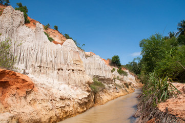 Red sand Ham Tien canyon . Landscape with palm tree and Fairy Spring between rocks and jungle . South Vietnam , Phan Thiet , Mui Ne 