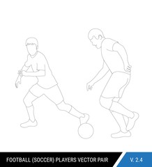 Two football opponents from different teams are fighting for the ball. Soccer players, the defender and attacker fight for the ball.  Outline silhouettes, vector illustration.