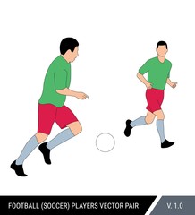 Two football players run with the ball. Two soccer players from the one team run together. One player passes ball to another. Color vector illustration.