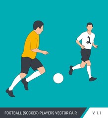 Two football opponents from different teams are fighting for the ball. Soccer players, the defender and attacker fight for the ball. Colorful vector illustration.