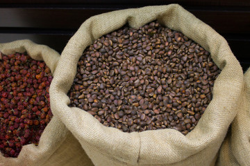 Bag full of ripe pine nuts in the store