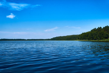 Beautiful panoramic view of the Lemiet lake in Mazury district, Poland. Fantastic travel destination.