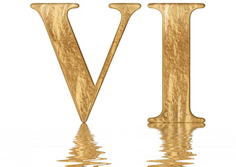 Roman numeral VI, sex, 6, six, reflected on the water surface, isolated on  white, 3d render