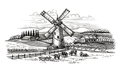 Rural landscape, village sketch. Agriculture, farming vintage