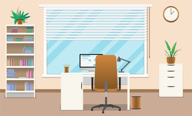 Modern office workplace interior concept. Business workspace with office furniture: chair, desk, bookcase, desktop, lamp, clock on the wall and window. Vector illustration.