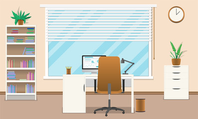 Modern office workplace interior concept. Business workspace with office furniture: chair, desk, bookcase, desktop, lamp, clock on the wall and window. Vector illustration.