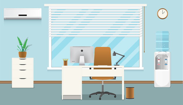 Flat modern office interior. Office workplace with table, chair, lamp, window, vase, clock, conditioner. Office concept illustration. Vector Image.