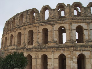 El DJem, Tunisia - April 14, 2018: Largest coliseum in North Africa. El DJem,Tunisia, UNESCO, World heritage site in Tunisia, Ruins