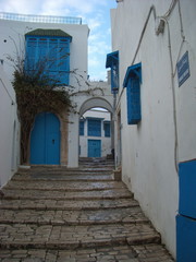 Fototapeta na wymiar Sidi Bou Said, Tunisia - April 15, 2018: Typical street of blue and white houses of the Tunisian town of Sidi Boud Said.