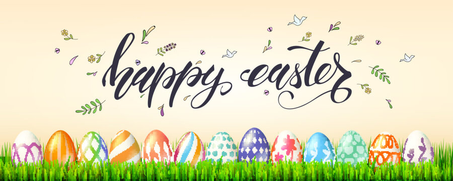 Poster for Happy Easter holidays. Painted eggs in green grass on background of handwritten text and spring sketches in doodles style. Template of banner, cover, leaflet for celebration of Easter.