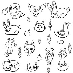 Black and white Forest animals and birds on an isolated white background