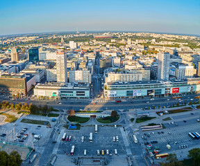 Warsaw, Poland - August 27, 2016: Aerial panoramic view to downtown of Polish Capital at sunset, from the top Palace Culture and Science: Palac Kultury i Nauki, also abbreviated PKiN.