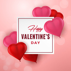 Valentine’s Day hand drawn typography with 3D hearts. Valentines Day background with square and heart shaped balloons. Holiday greeting card, poster, banner, logo, sales, promo. Vector Illustration.