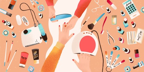 Hands of manicurist performing manicure and her customer or client surrounded by tools and cosmetics for nail care, top view. Beauty salon. Colorful vector illustration in flat cartoon style.