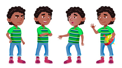 Black, Afro American Boy Kindergarten Kid Poses Set Vector. Preschool, Childhood. Friend. For Cover, Placard Design. Isolated Cartoon Illustration