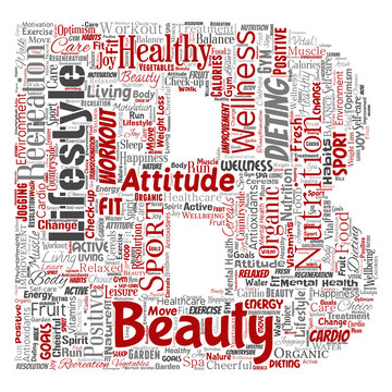Vector conceptual healthy living positive nutrition sport letter font word cloud isolated background. Collage of happiness care, organic, recreation workout, beauty, vital healthcare spa concept