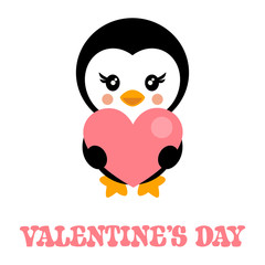 valentines day cartoon penguin with heart and text
