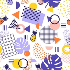 Abstract seamless pattern with lines, geometric shapes, tropical pineapple fruits and exotic leaves on white background. Contemporary vector illustration in 1990-s style for textile print, wallpaper.