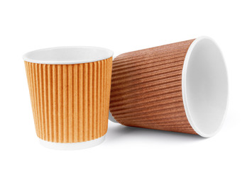 Paper cup for hot drinks on white background