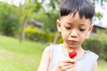 Children eating strawberries.