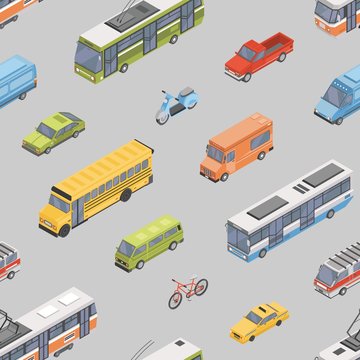 Seamless pattern with motor vehicles of various types - car, scooter, bus, tram, trolleybus, minivan, pickup truck. Backdrop with automobile transport on city street. Isometric vector illustration.