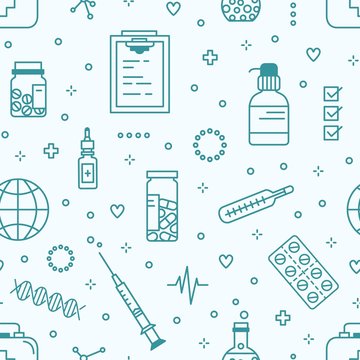 Seamless pattern with medical lab equipment. Backdrop with pills in jar and blister, healthcare tools drawn with contour lines on light background. Monochrome vector illustration in linear style.