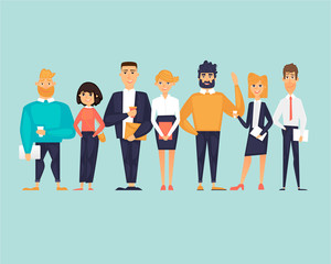 Fototapeta premium Business characters, team, about us. Flat design vector illustration 