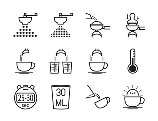 Set of icon is making coffee perfect shot. Vector eps10.