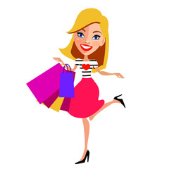 beautiful woman, shopping, on a white