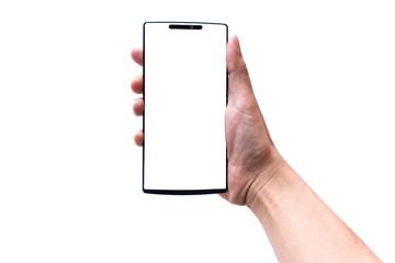 Hand holding a black mobile phone.