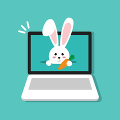 Happy Easter bunny on laptop, computer symbol  flat cartoon design