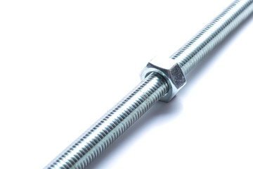 Screw-thread axis with nut isolated on white background