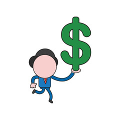 Vector businessman character running and holding dollar symbol. Color and black outlines.