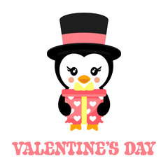 valentines day cartoon penguin with hat and lovely present and text