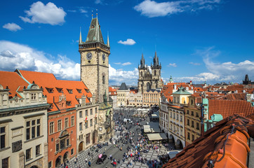 Naklejka premium Prague, Czech Republic. Aerial view over Church of Our Lady before Tyn at Old Town square (Starometska) in Praha.