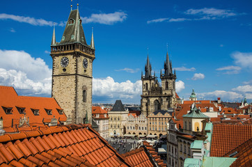 Obraz premium Houses with traditional red roofs in Prague Old Town Square in the Czech Republic