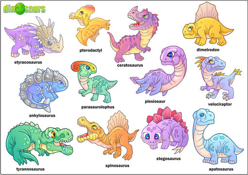 Cartoon cute prehistoric dinosaurs, set of images, funny illustration