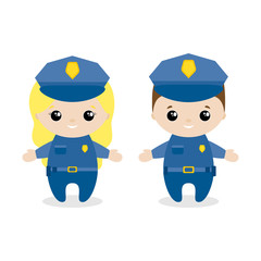 Boy and girl police cartoon style. Set of cute cartoon children in professions. Vector illustration