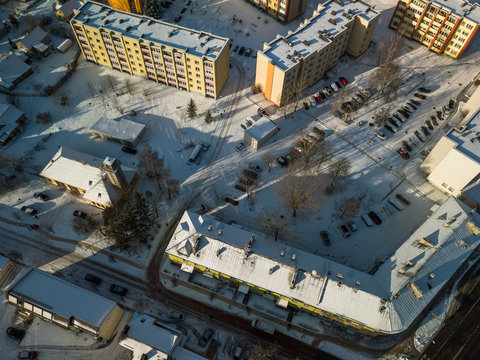 Aerial view of small town in Lithuania, Joniskis. Sunny winter day.