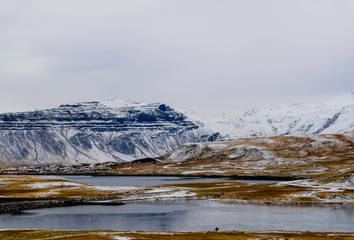 snow mountain with big lake in west iceland