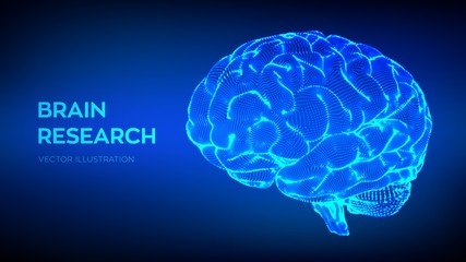 Brain. Human brain research. 3D Science and Technology concept. Neural network. IQ testing, artificial intelligence virtual emulation science technology. Brainstorm think idea. Vector illustration.