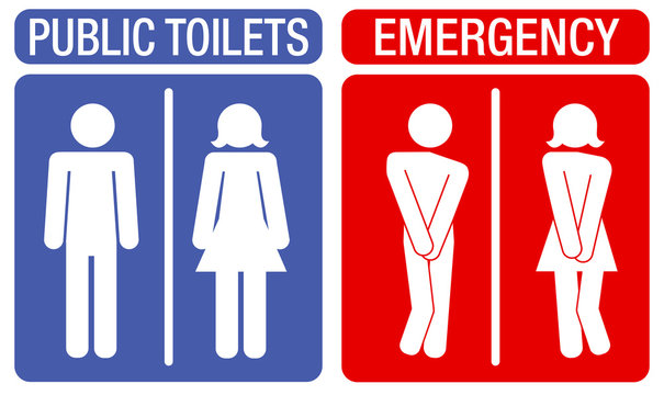 Concept of humorous signboards indicating toilets with an illustration showing a man and a woman with an urge to urinate.