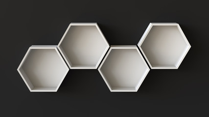 Empty white hexagons shelves on blank wall background. 3D rendering.