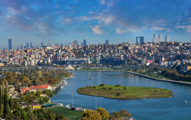 Fototapeta na wymiar Istanbul cityscape from Pierre Loti Hill on a bright, sunny morning.
