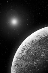 Black and white soap bubble planet with stars and lens flare